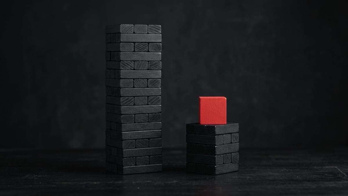 A tall stack of black wooden blocks beside a shorter stack on a dark surface, a single red block placed on top of the shorter one.