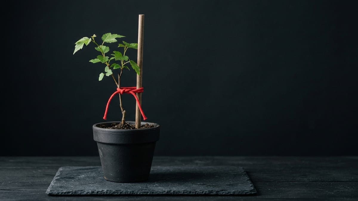 A small sapling in a black pot on a dark slate surface, tied to a straight wooden stake with a single loop of red cord.