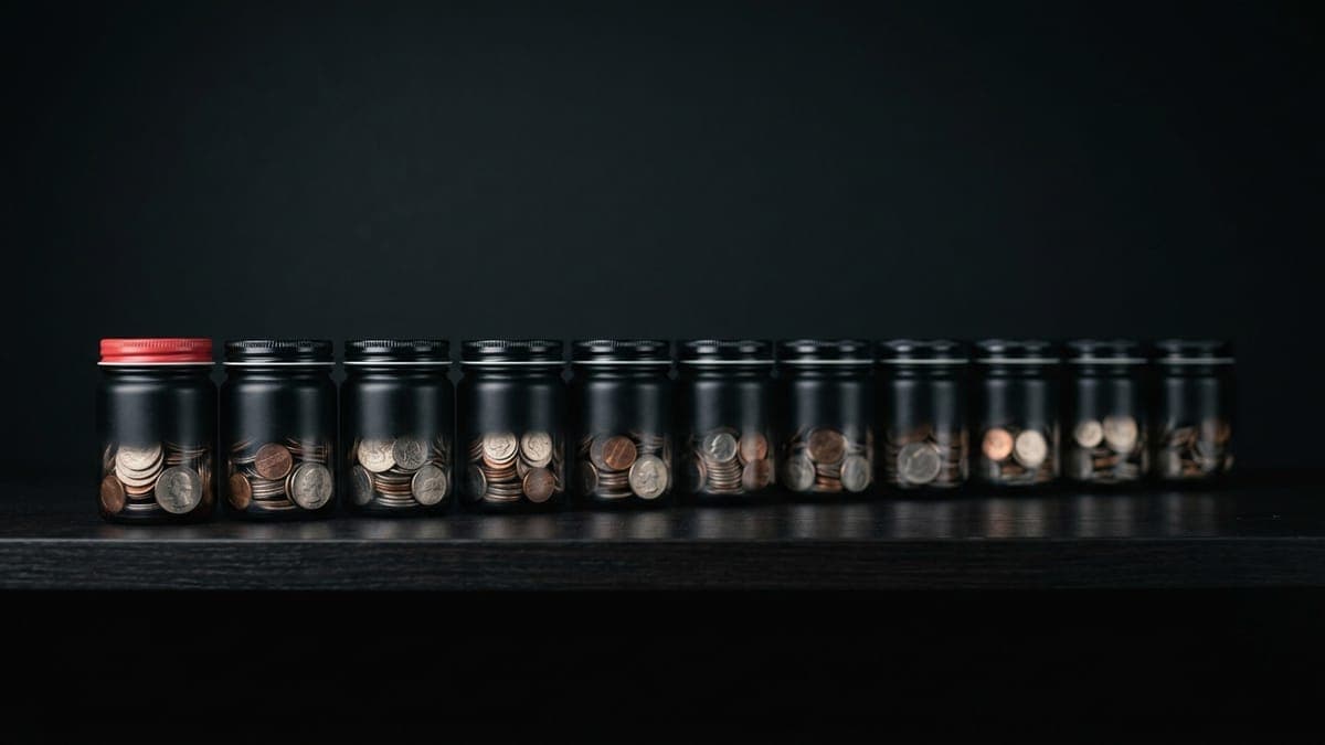 A row of twelve small black jars on a dark wooden shelf, each holding an equal measure of coins, with one red lid on the first jar.