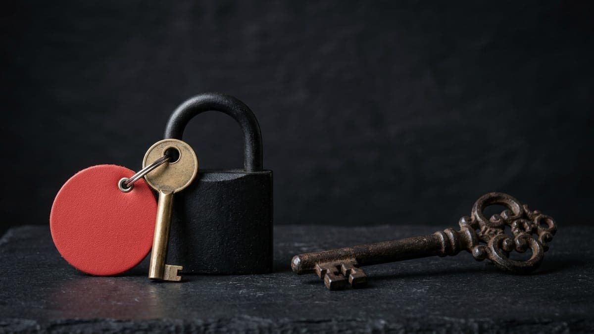 A small plain key on a red tag beside a black padlock on dark slate, with a large ornate iron key lying unused nearby.