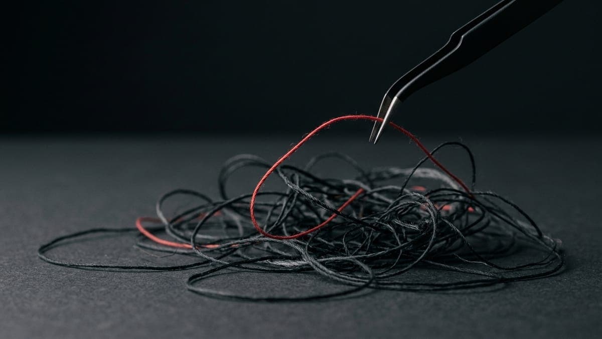 A pair of black tweezers lifting a single red thread out of a dense tangle of dark threads on a matte charcoal surface.